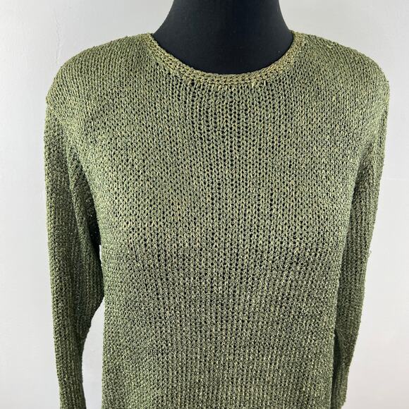 Vintage Ann McKenna Green Crochet Sweater Back Button Crew Long Sleeve Pullover - Picture 2 of 7